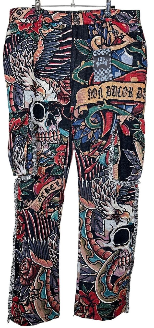 Rebel Vengeance Tattoo Skull Tapestry Cargo Pants Woven Goth Size 36x32 NWT